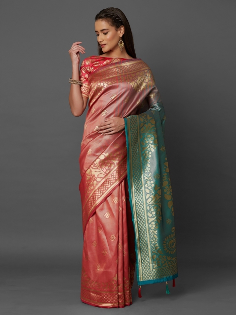

Mitera Pink & Sea Green Silk Blend Woven Design Kanjeevaram Saree