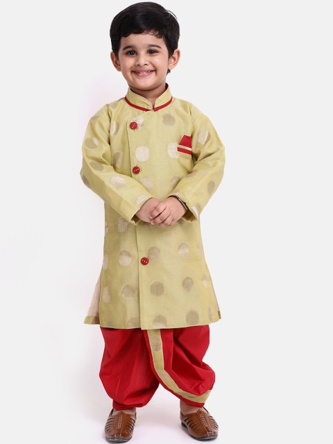 

BownBee Boys Green & Red Self Design Kurta with Dhoti Pants