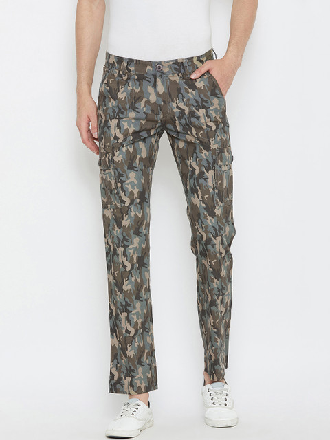

Wear Your Mind Men Olive Green & Grey Melange Regular Fit Printed Cargos
