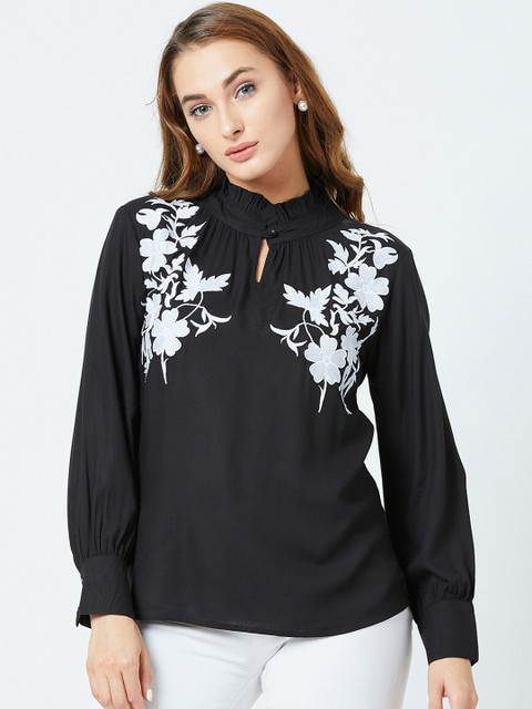 

The Dry State Women Black High Neck Floral Embroidered Top