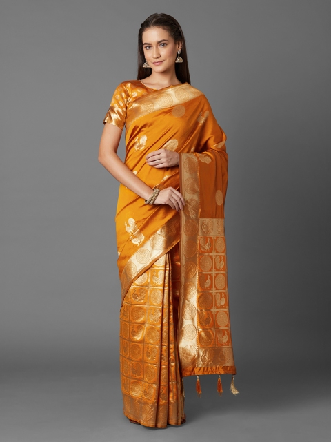 

Mitera Mustard Yellow Silk Blend Woven Design Kanjeevaram Saree
