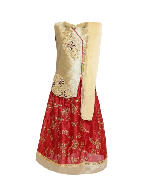 

Aarika Girls Beige & Maroon Embroidered Ready to Wear Lehenga & Blouse with Dupatta