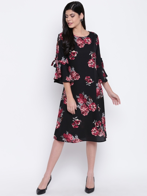 

FABNEST Women Black & Pink Floral Printed A-Line Dress