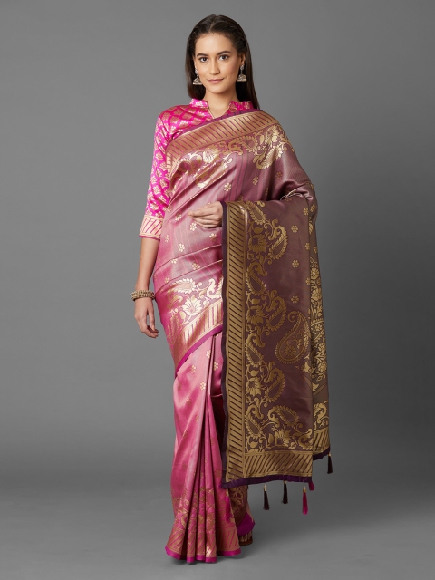

Mitera Pink Silk Blend Woven Design Kanjeevaram Saree