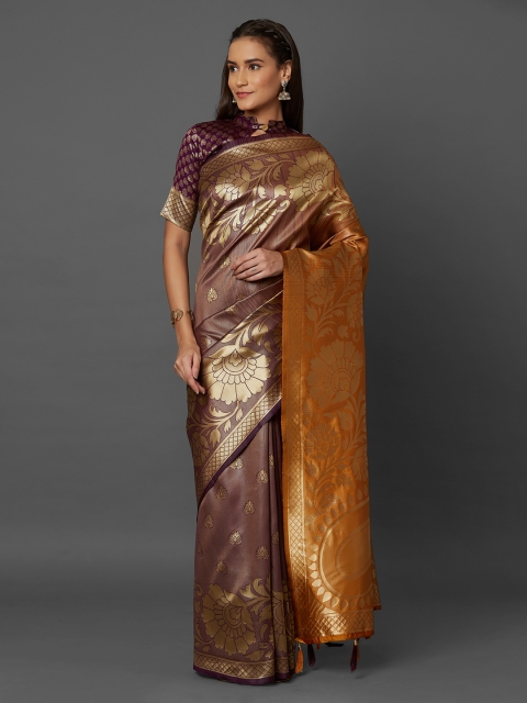 

Mitera Mauve & Yellow Silk Blend Woven Design Kanjeevaram Saree