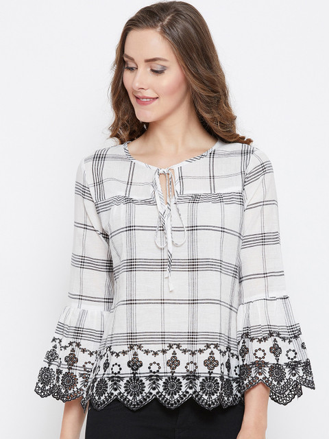 

AASK Women Off-White & Black Checked A-Line Pure Cotton Top