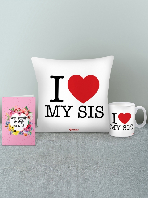 

Archies White & Pink Printed Cushion and Mug with Greeting Card Rakhi Gift Set