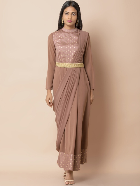 

INDYA Women Rose Foil Yoke Dress With Attached Dupatta