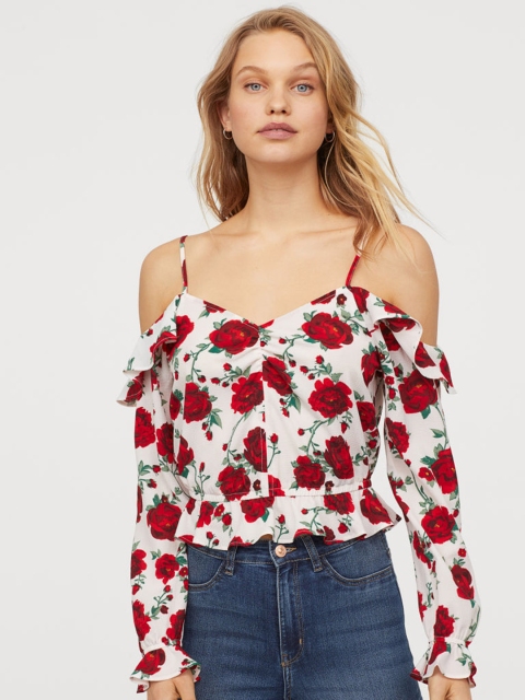 

H&M Women White & Red Printed Cold Shoulder Blouse