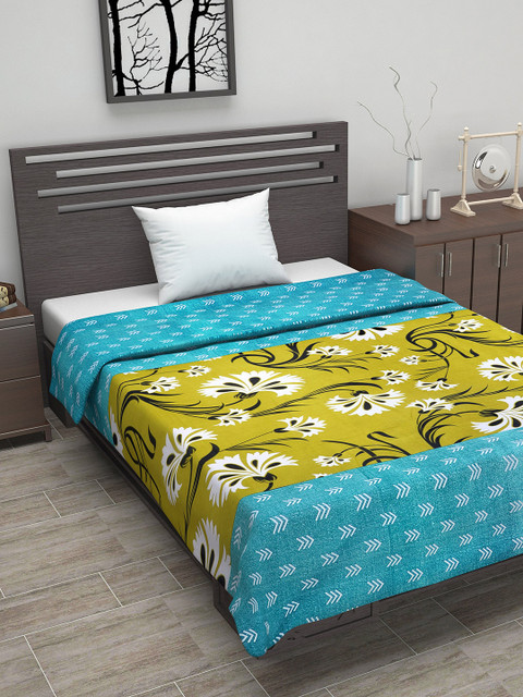 

Divine Casa Olive Green & Turquoise Blue Floral AC Room 110 GSM Single Bed Dohar