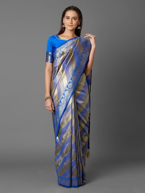 

Mitera Blue & Gold-Toned Silk Blend Woven Design Kanjeevaram Saree