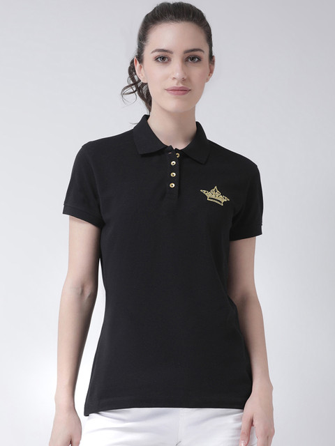 

Club York Women Black Solid Polo Collar T-shirt