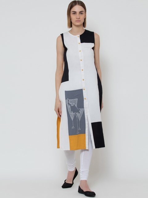 

DODO & MOA Women White & Black Colourblocked Straight Kurta
