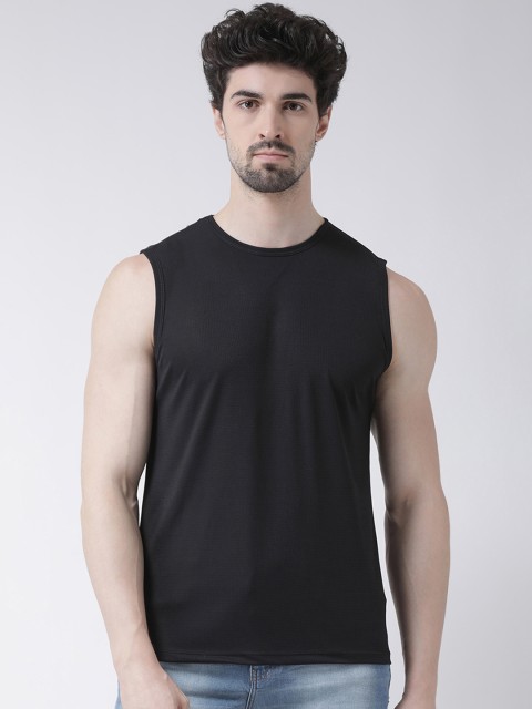 

Friskers Men Black Self Design Round Neck Slim Fit Sleeveless T-shirt