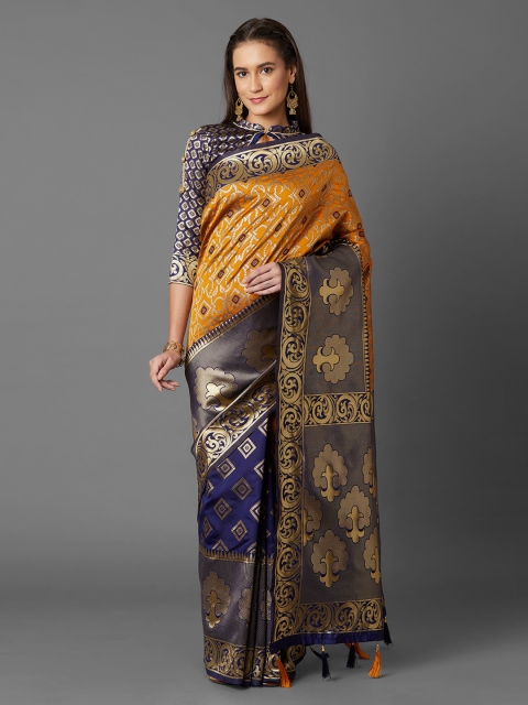 

Mitera Yellow & Navy Blue Silk Blend Woven Design Kanjeevaram Saree
