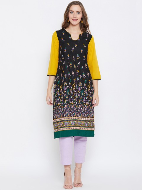 

AASK Women Black & Yellow Printed Straight Kurta