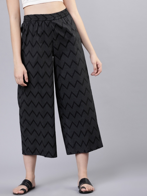 Women Charcoal & Black Printed Flared Palazzos