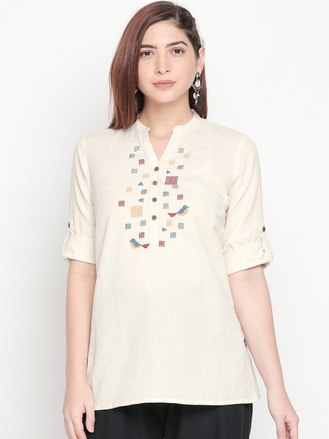 

AKKRITI BY PANTALOONS Off-White Embroidered Pure Cotton Kurti