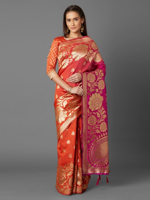 

Mitera Orange & Pink Silk Blend Woven Design Kanjeevaram Saree