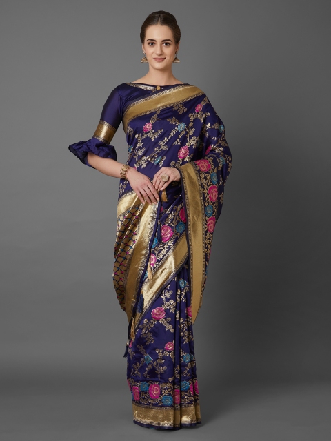 

Mitera Navy Blue Silk Blend Woven Design Kanjeevaram Saree