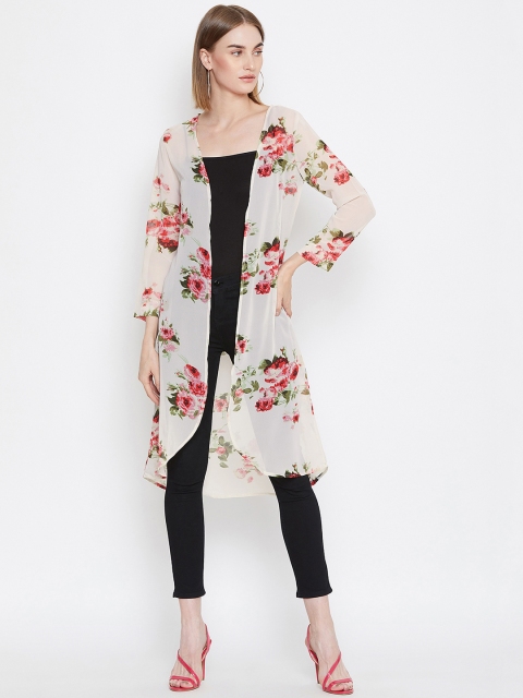 

PURYS Women Off-White Printed Open Front Shrug