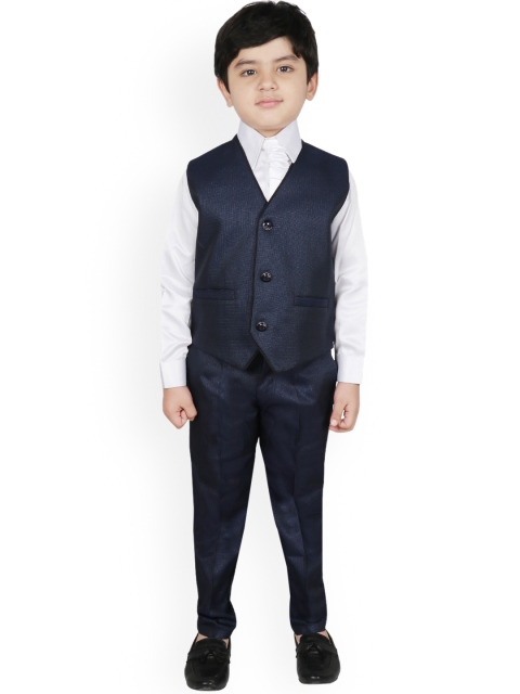 

SG YUVRAJ Boys Navy Blue & White Self-Design Regular Fit Suit