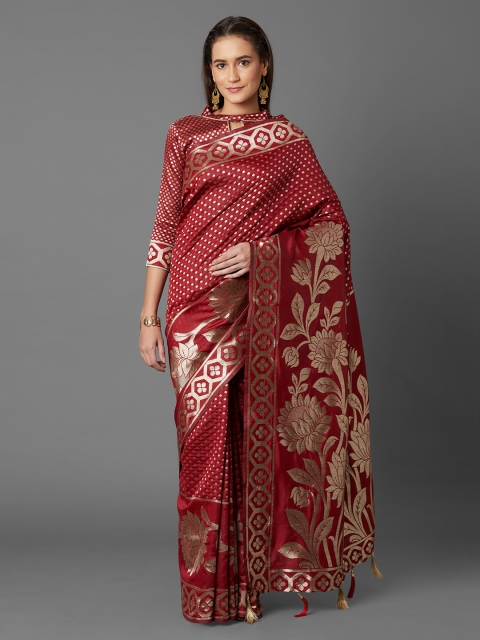 

Mitera Maroon Silk Blend Woven Design Kanjeevaram Saree