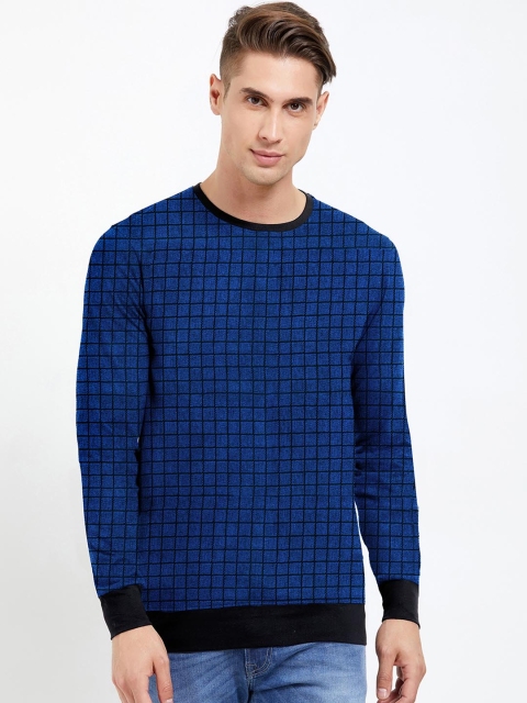 Maniac Men Blue Jacquard Checked Round Neck T-shirt