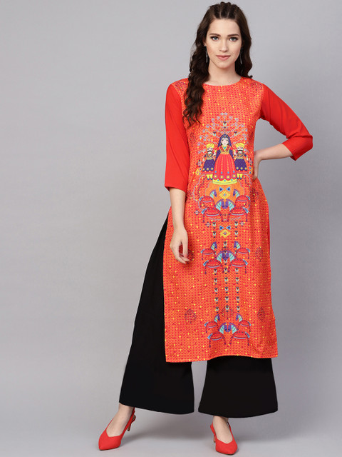 

Ishin Women Red Printed Straight Kurta