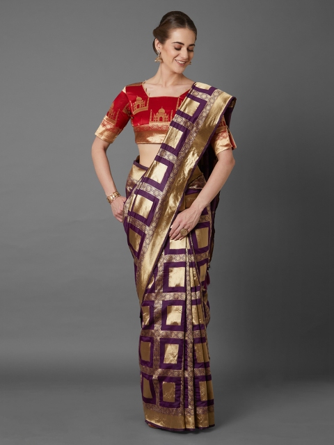 

Mitera Purple & Gold-Toned Silk Blend Woven Design Kanjeevaram Saree