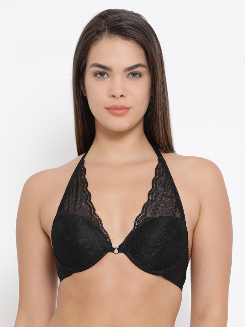 

Clovia Lace Padded Underwired Halter Neck Plunge Bra, Black
