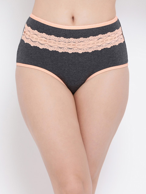

Clovia Women Charcoal Grey & Pink Self Design High-Rise Hipster Briefs PN3220P05XL