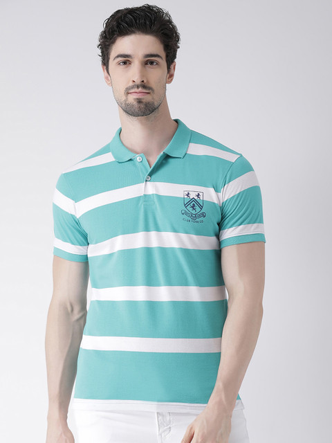 

Club York Men Green Striped Polo Collar T-shirt