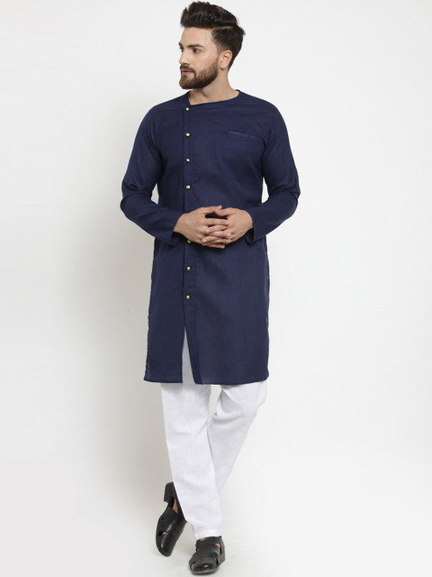 

TREEMODA Men Navy Blue & White Solid Kurta with Pyjamas