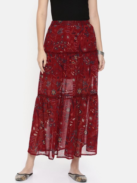 

Chumbak Women Burgundy Printed Tiered Flared Skirt