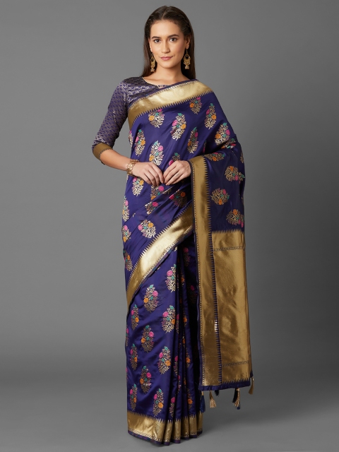 

Mitera Navy Blue & Gold-Toned Silk Blend Woven Design Kanjeevaram Saree