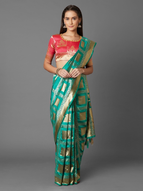 

Mitera Turquoise Blue & Gold-Toned Silk Blend Woven Design Kanjeevaram Saree