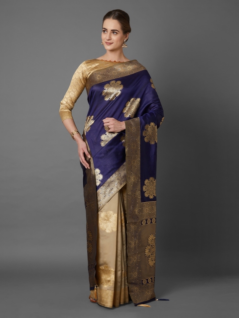 

Mitera Navy Blue & Beige Silk Blend Woven Design Kanjeevaram Saree
