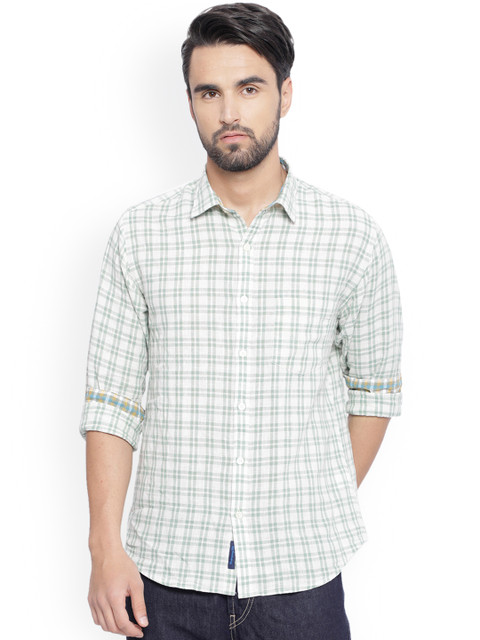 

CAVALLO by Linen Club Men Cotton Linen Green Regular Fit Checked Casual Shirt