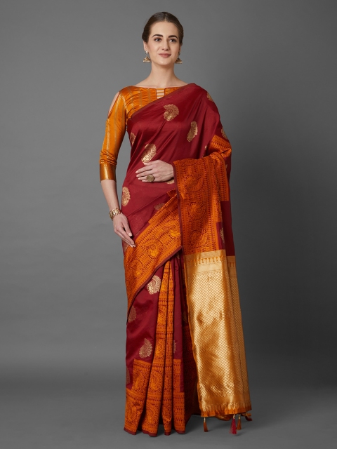 

Mitera Maroon Silk Blend Woven Design Kanjeevaram Saree