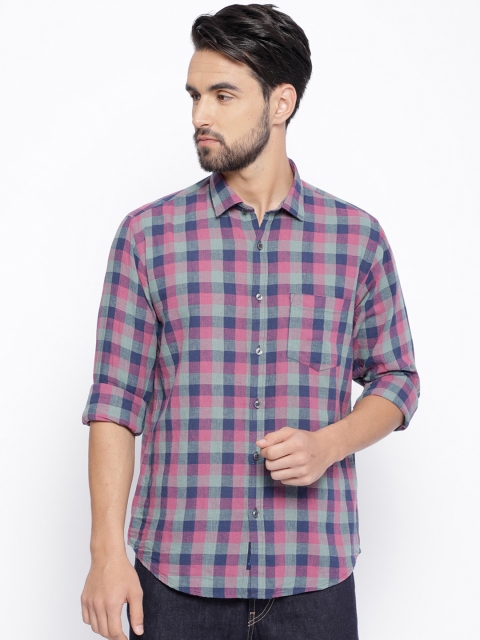 

CAVALLO by Linen Club Men Cotton Linen Purple & Pink Regular Fit Checked Casual Shirt