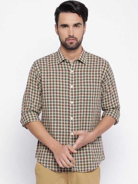 

CAVALLO by Linen Club Men Brown & Blue Regular Fit Checked Linen Casual Shirt