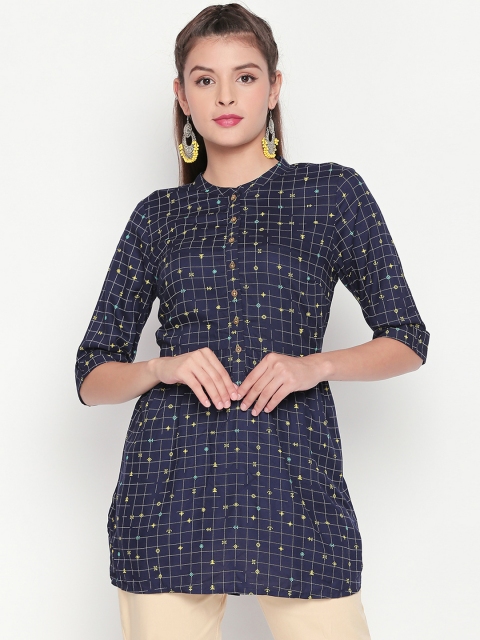 

AKKRITI BY PANTALOONS Women Navy Blue Checked Tunic