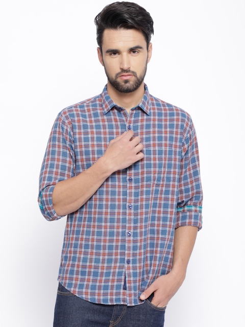 

CAVALLO by Linen Club Men Cotton Linen Blue Regular Fit Checked Casual Shirt