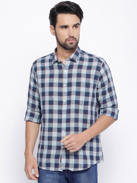 

CAVALLO by Linen Club Men Cotton Linen Blue Regular Fit Checked Casual Shirt
