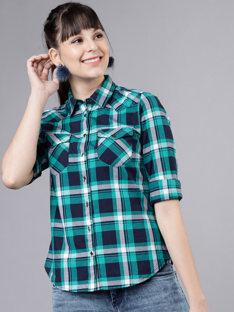 

Tokyo Talkies Women Navy Blue & Green Regular Fit Checked Casual Shirt