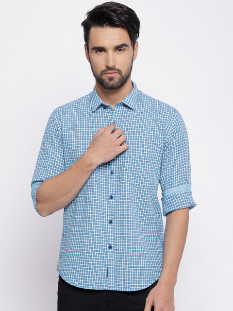 

CAVALLO by Linen Club Men Cotton Linen Blue Regular Fit Checked Casual Shirt