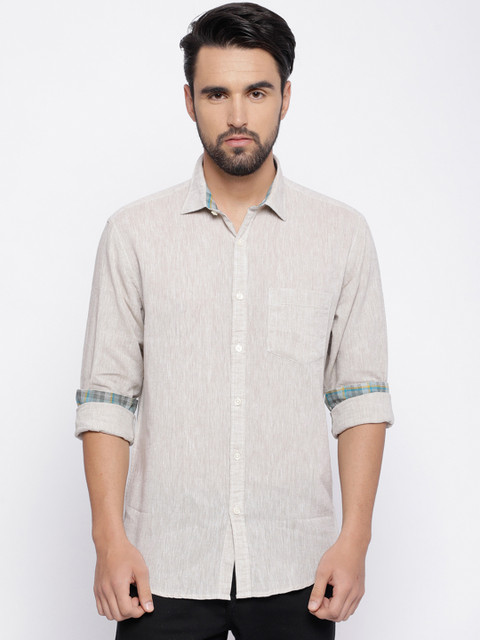 

CAVALLO by Linen Club Men Cotton Linen Beige Regular Fit Solid Casual Shirt