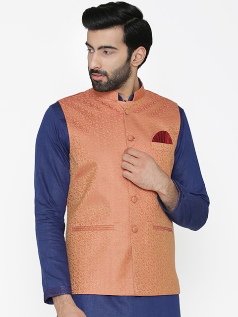 

Wintage Men Coral Red & Gold-Toned Self-Design Nehru Jacket