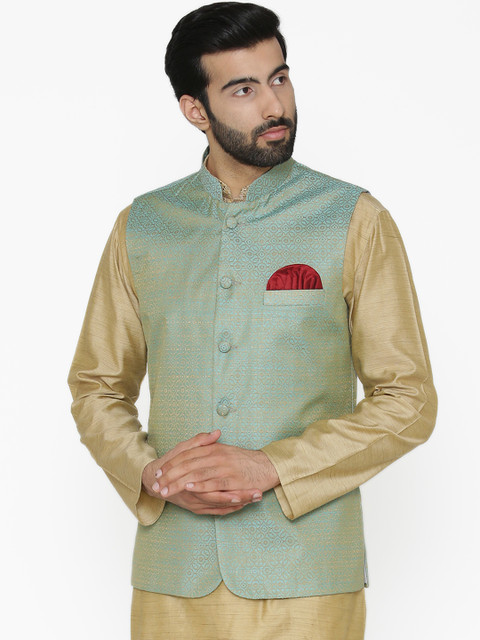 

Wintage Men Turquoise Blue Woven Design Nehru Jacket